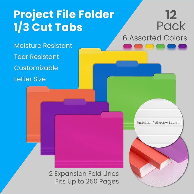 Better Office Products Heavyweight Poly File Folders, 1/3 Cut Tabs, 12 Pack - Image 2