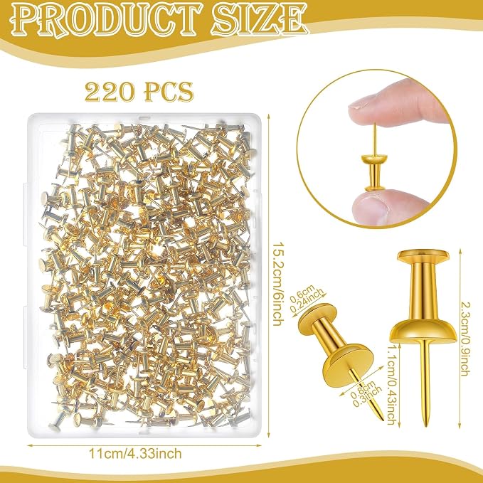 220 Count Gold Push Pins, Standard Plastic Head Steel Point Gold Thumb Tacks - Image 3