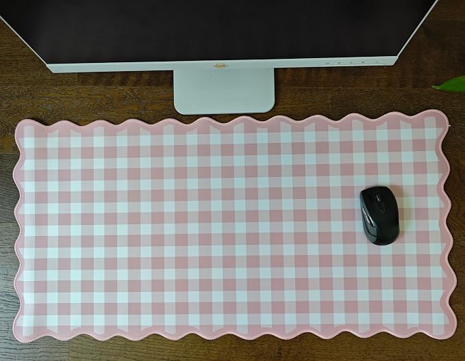 Scalloped‌ Pink Checkered Gingham Desk Mat Cute Pastel Large Mouse Pad Kawaii - Image 6