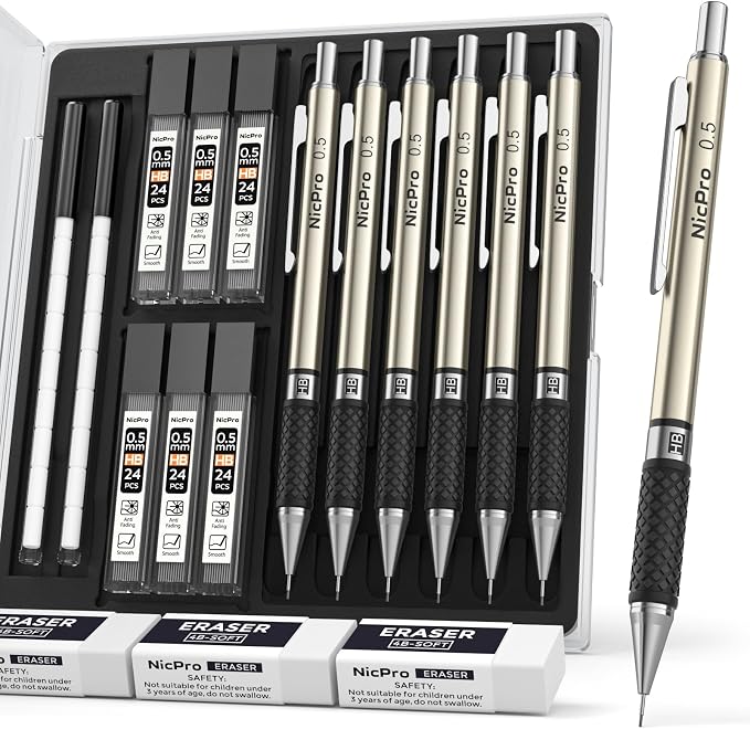 Nicpro 0.5 mm Art Mechanical Pencils Set in Case, 3 Erasers - Image 7