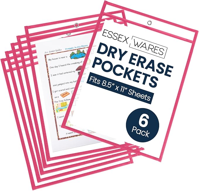 Essex Wares - 6 Pack, Hot Pink, Durable Water-Resistant Dry Erase Pocket by EssexWares