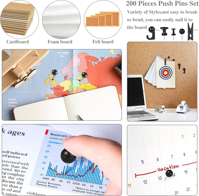 BESARME 200 Pcs Push Pins for Bulletin Board, Thumb Tacks Black Pushpins for - Image 7