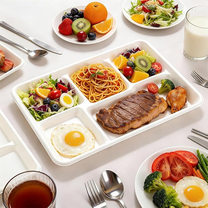 WELLIFE 100% Compostable 5 Compartment Paper Plates, 100 Pack Disposable School - Image 5