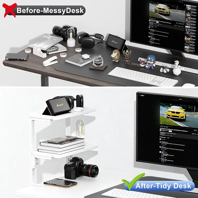 2-Tier Desk Shelf, Expandable Under Desk Storage, Clamp on Desk Shelf, Desktop - Image 3
