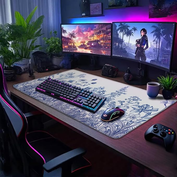 Narcissus Blue Floral Large Gaming Mouse Pad 31.5"x15.7"｜ Flower XXL Desk Mat - Image 2
