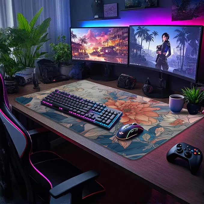 Japanese Minimalist Floral Large Gaming Mouse Pad 31.5"x15.7"｜ Aesthetic Flower - Image 2