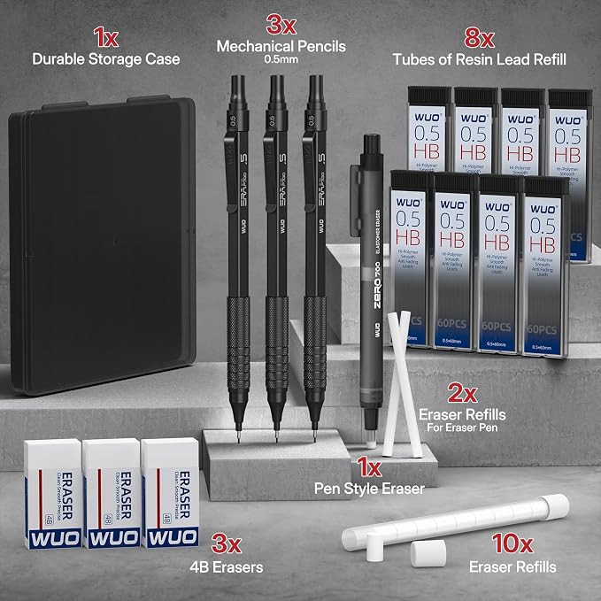 WUO 0.5mm Mechanical Pencil Set, 3 Black Metal Drafting Pencils - Image 7