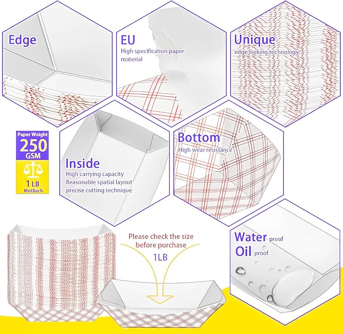 60 Pack Checkered 1 Lb Paper Food Boat Trays Disposable Paper Boats Bowls - Image 3