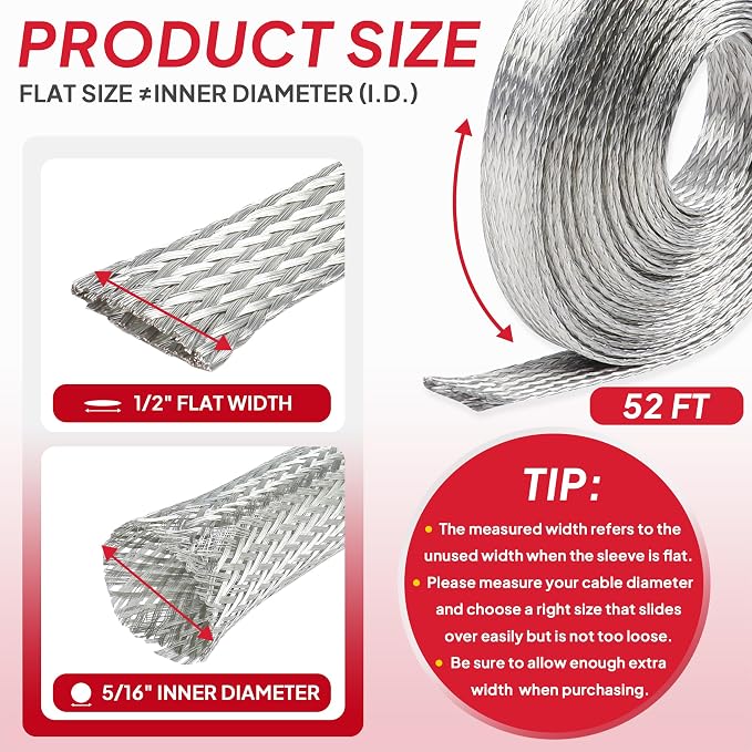 1/2" Wide Tinned Copper Braided Metal Wire Shielding Sleeve Ground Strap - Image 2