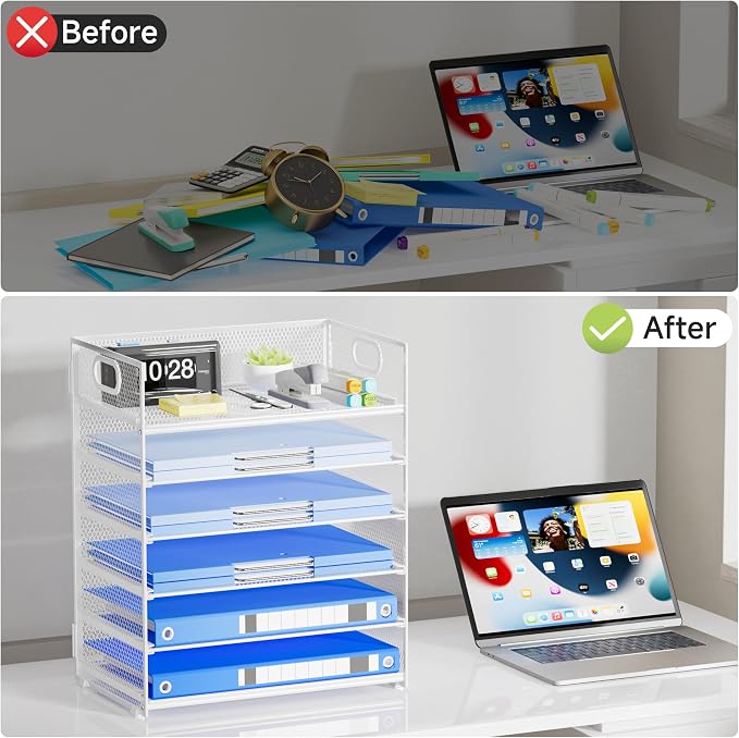 Paper Organizer for Desk with Handle, 6-Tier Metal Mesh File Organizer | - Image 6