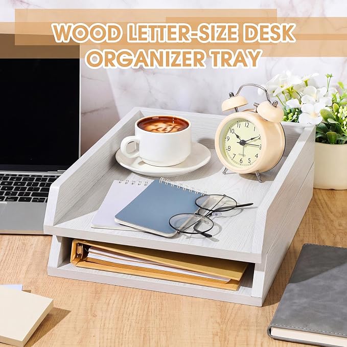 DoubleFill 2 Pcs Wooden Letter Trays 2 Tier Desktop Paper Organizer Wood - Image 2