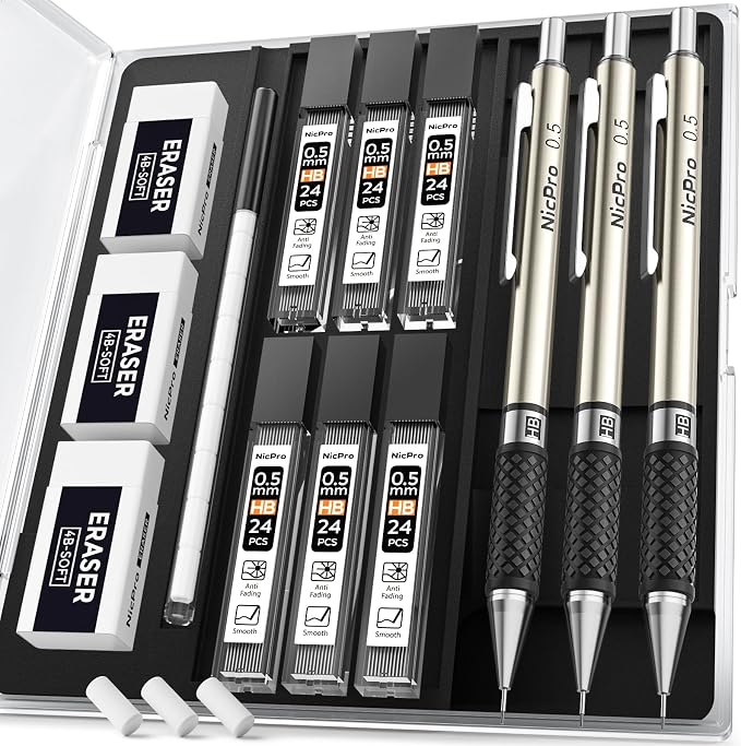 Nicpro 0.5 mm Art Mechanical Pencil Set in Storage Case, 3 Erasers by Nicpro