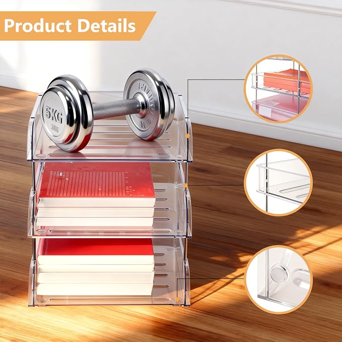 Desk Organizer and Storage, 3-Tier File Paper Tray Organizers, Stackable Clear - Image 5