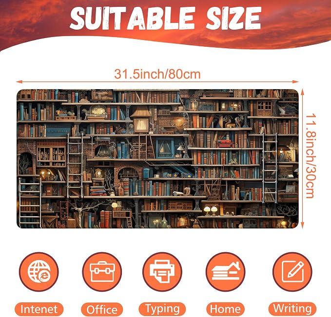 Desk Pad, Fantasy Shelves Desk Mat, Shelves Full of Books Large Gaming Mouse Pad - Image 2