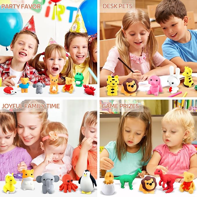 URSKYTOUS 60Pcs Animal Erasers Kids Desk Pets Pencil Erasers 3D Puzzle Bulk - Image 4