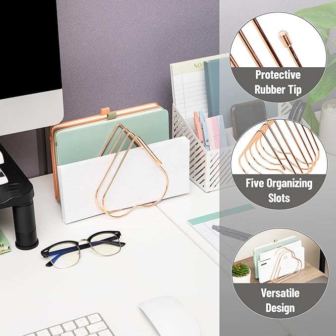 Mind Reader Heart-Shaped Desktop File Organizer, 5-Slot Metal Folder Rack - Image 4