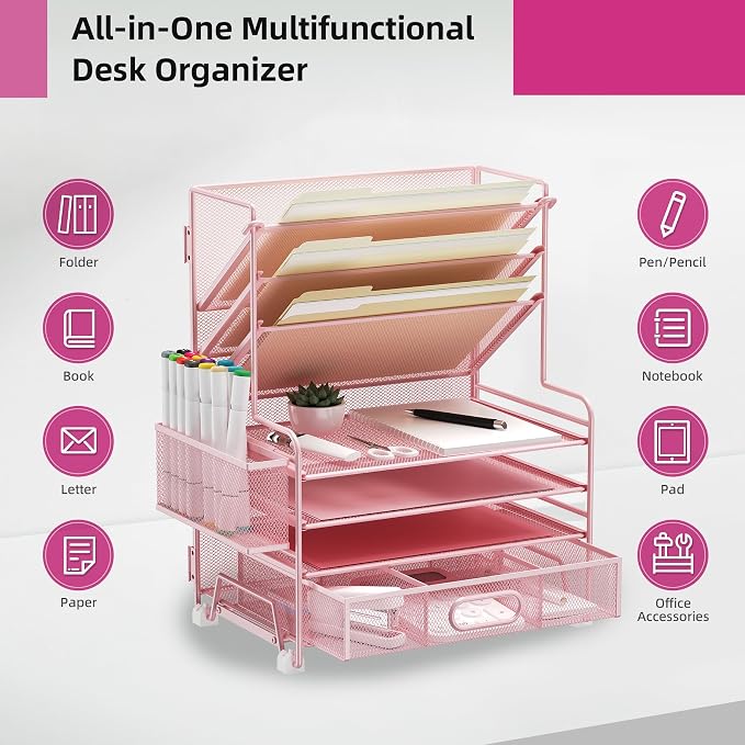 MINDEPOT 4-Tier Paper Organizer + 3-Pocket File Holder + Drawer + Pen Holders - Image 3
