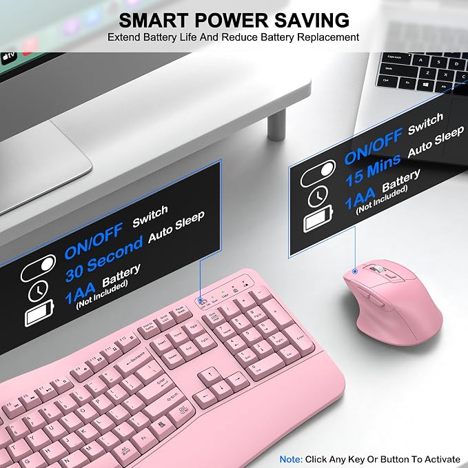 Wireless Keyboard and Mouse Combo, 2.4G Full Size Wave Keys Ergonomic Keyboard - Image 6