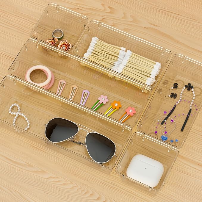 WOWBOX 6 Pack Clear Drawer Organizer Set, Acrylic Drawer Storage Trays - Image 6