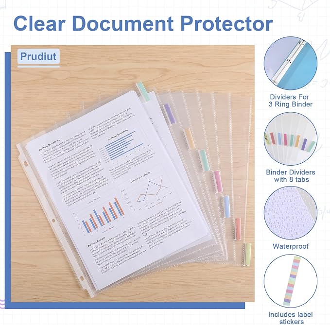 10 Sets 80Pcs Clear Sheet Protector Sleeves, Plastic 3 Ring Binder Dividers | - Image 4