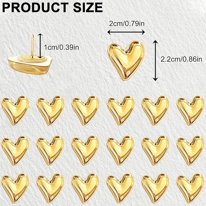 Gold Heart Push Pins 50 Pack, Decorative Thumb Tacks - Image 2