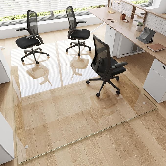 Tempered Glass Chair Mat, 4 Non‑Slip Pads, Smooth Glide & Easy Clean, Carpet by MYSUNORIA