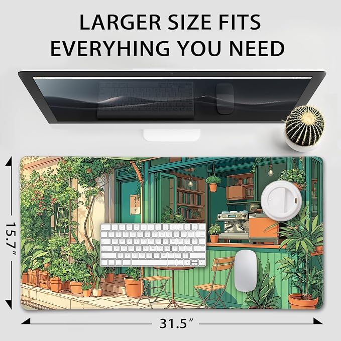Japanese Coffee Shop Large Gaming Mouse Pad 31.5"x15.7"｜ Green Plant XXL Desk - Image 4