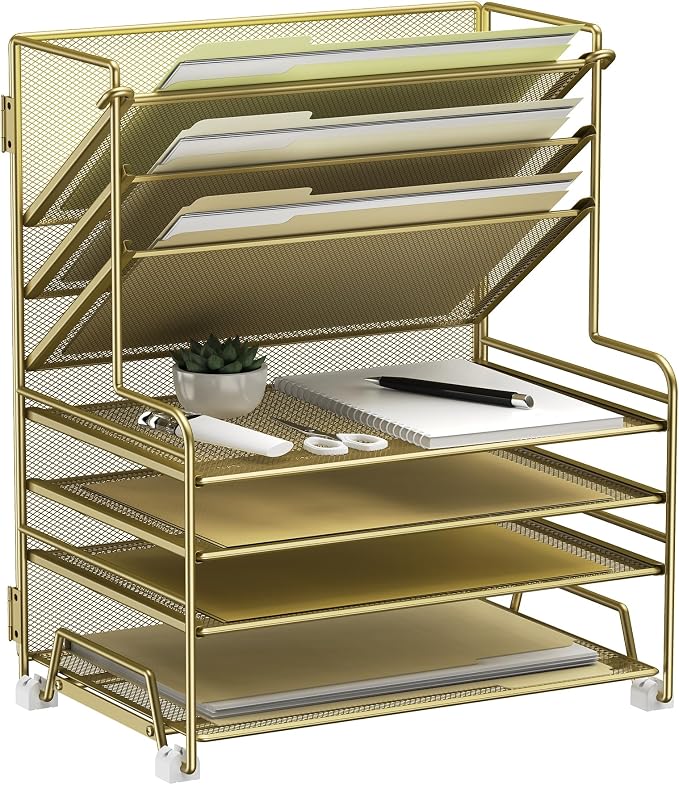 MINDEPOT 4-Tier Paper Organizer + 3-Pocket File Holder + Drawer + Pen Holders by MINDEPOT
