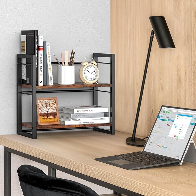 Office Desk Shelf Organizer, Wood Desktop Bookshelf Supplies Storage Rack - Image 5