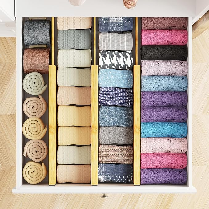SpaceAid Bamboo Dresser Drawer Dividers 6 Pack, 4.65“ High Adjustable 12.5“-17” - Image 4