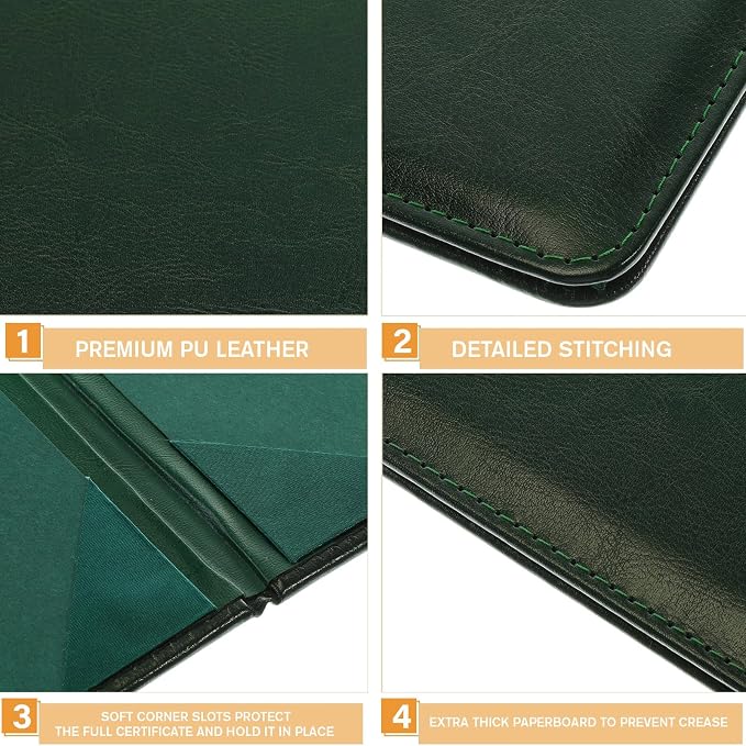 Tenare 10 Pcs Green Leather Certificate Holder 8.5 x 11 PU Phd Bachelor Master - Image 4