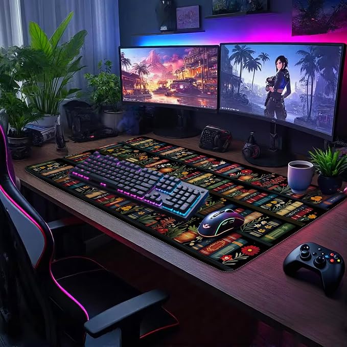 Vintage Library Bookshelf Large Gaming Mouse Pad 31.5"x15.7"｜ Flower XXL Desk - Image 3