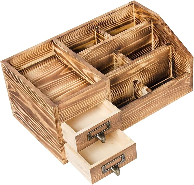 Liry Products Rustic Wooden Desktop Organizer Office Supplies Brown Tabletop - Image 3
