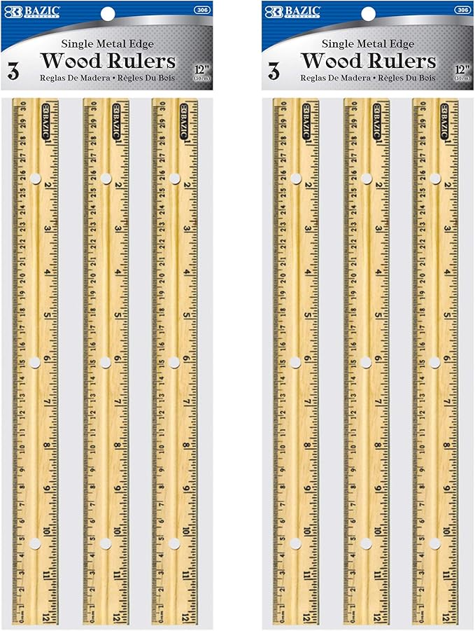 BAZIC Products 12 in Wooden Ruler, Inch & Metric, 3 Pack, single metal edge and by BAZICProducts