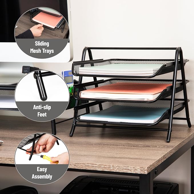 Mind Reader 3-Tier Paper Tray, Desktop Organizer, File Storage, Metal Mesh - Image 4
