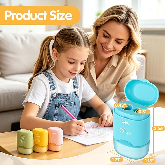 Deli Pencil Sharpener & Eraser, 4 Pack Pencil Sharpeners Manual, Dual Holes - Image 2