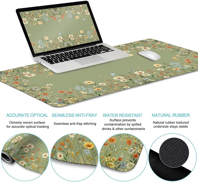 LIMKRIAN Floral Desk Mat Set, Cute Green Desk Accessories Gifts - Image 4