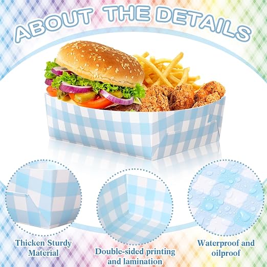 Suclain 36 Pack Light Blue and White Gingham Paper Trays 5 lb Grease Resistant - Image 5