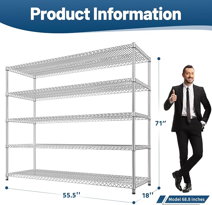 REIBII 55.5" W Storage Shelves 3200LBS Metal Shelving 5 Tier Wire Shelving - Image 3