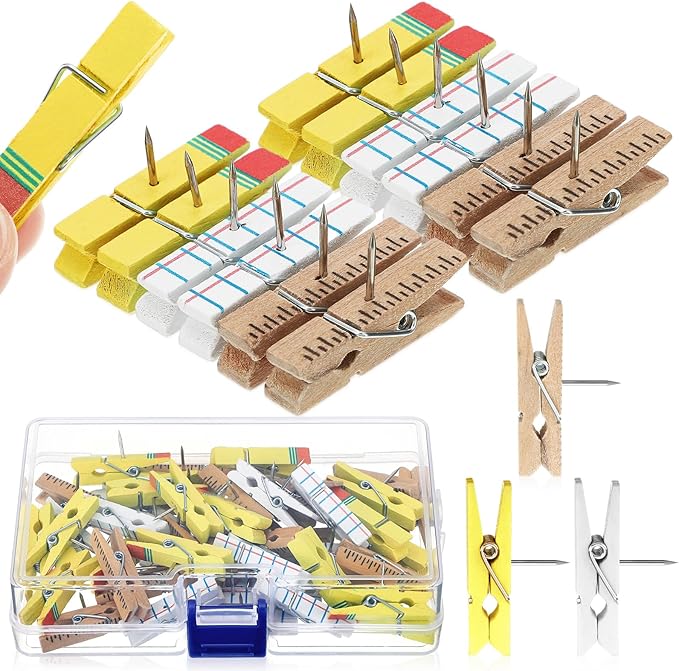 Cinnvoice 48 Pcs Push Pin with Wooden Clips Back to School Classroom Decor Cork by Cinnvoice