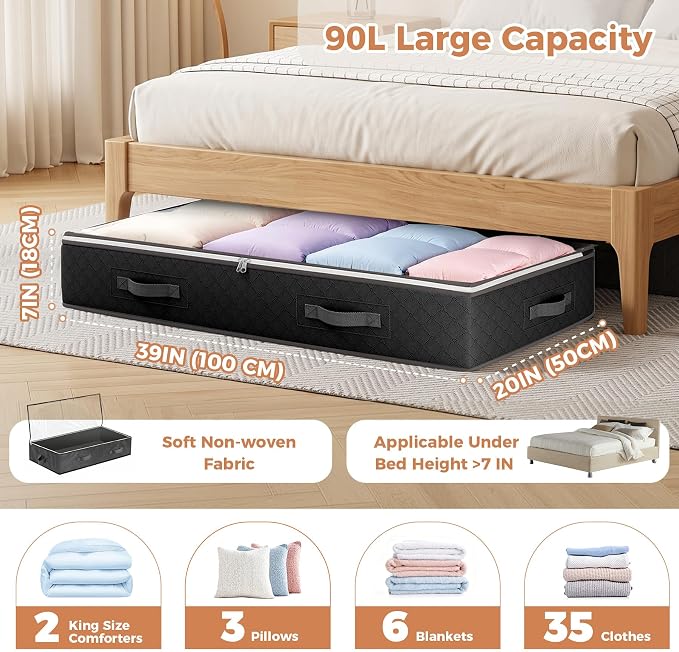 6 Pack Under Bed Storage Containers Organizer, Large Capacity Underbed Clothes - Image 3