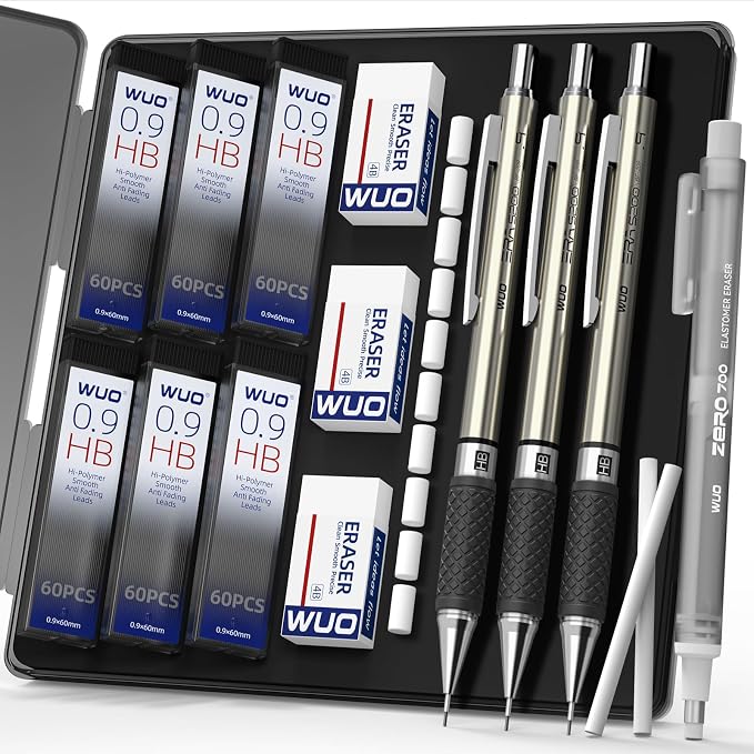 WUO 0.9mm Mechanical Pencil Set, 1 Eraser Pen, 12 Eraser Refills, Storage Case by WUO