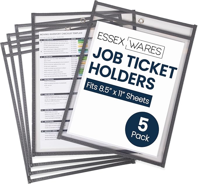 Essex Wares - 5 Pack, Job Ticket Holders, Reusable & Easy Erase Plastic Invoice by EssexWares
