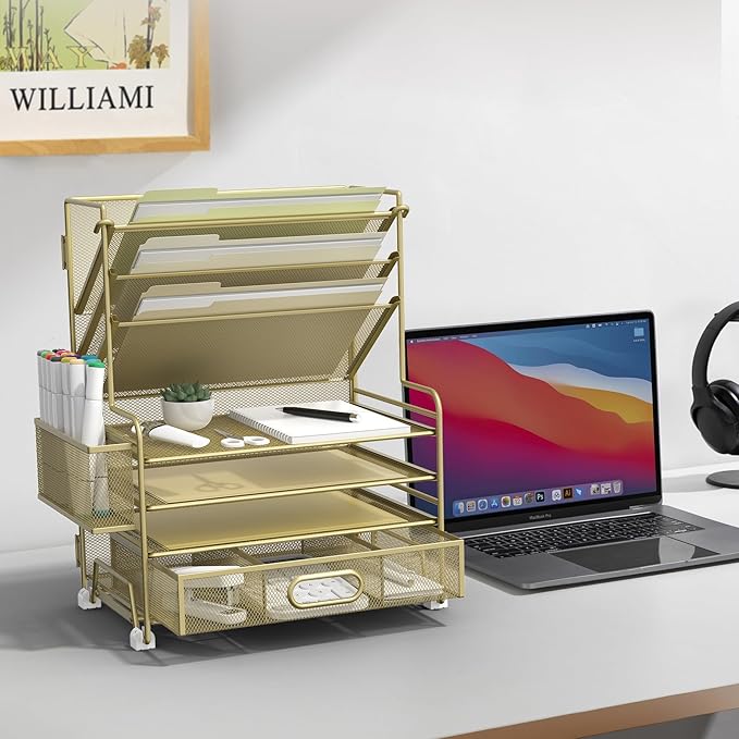 MINDEPOT 4-Tier Paper Organizer + 3-Pocket File Holder + Drawer + Pen Holders - Image 6