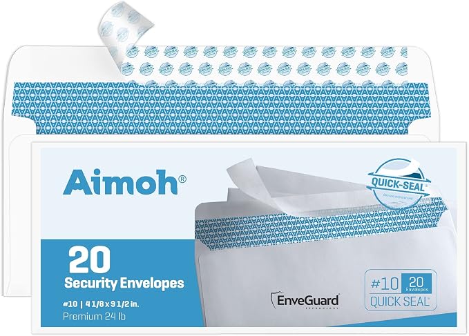 Aimoh #10 Security SelfSeal Envelopes – 20 Qty |No Window, 4⅛ x 9½", 24 LB by Aimoh