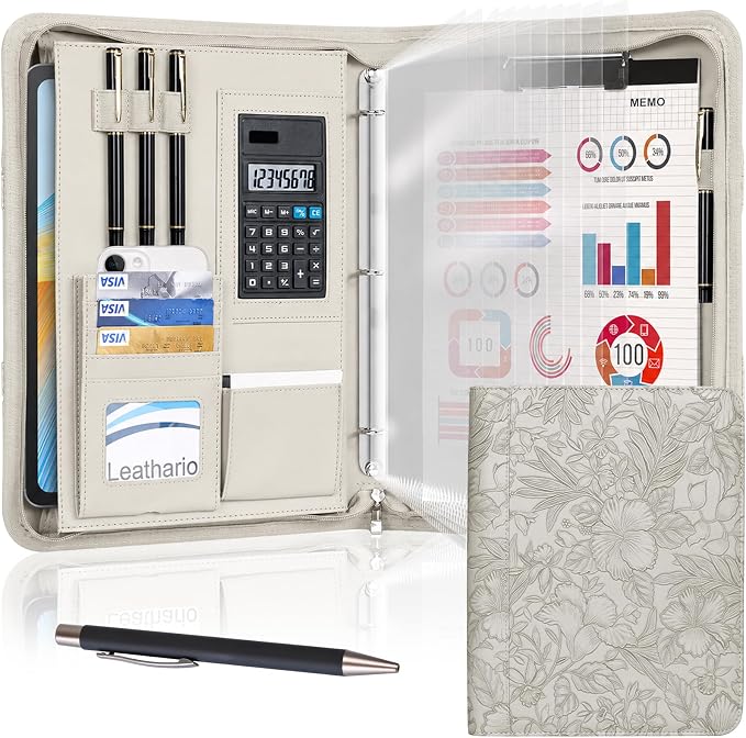 Leathario Portfolio Binder, Includes 5 Sheet Protectors and a Pen, 13 Inch by Leathario
