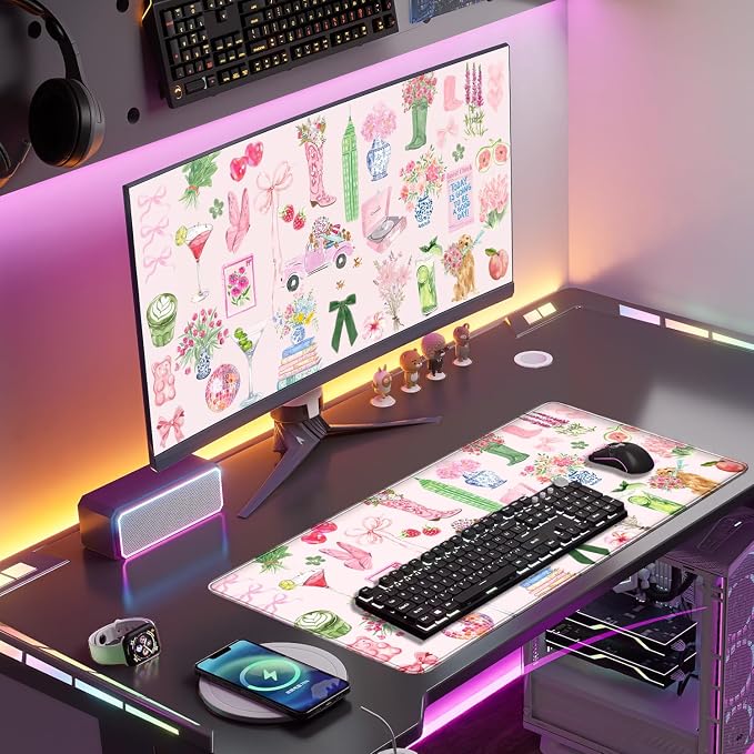 Pink Pastel Floral Desk Mat Cute Kawaii Retro Vintage XXL Large Mouse Pad - Image 3
