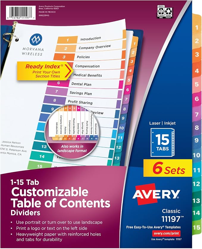 Avery 15 Tab Dividers for 3 Ring Binders, Customizable Table of Contents by Avery