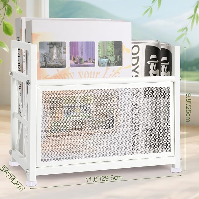 White Magazine Holder, Metal Magazine Rack Floor, Magazine Storage Basket - Image 2