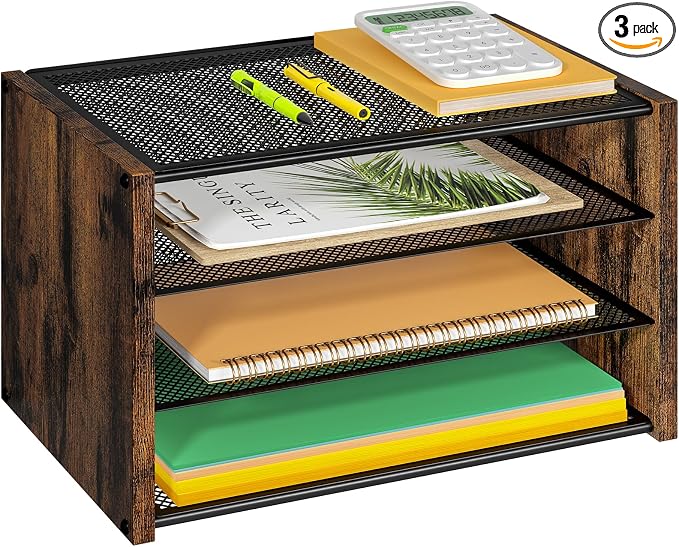 DAOUTIME 3-Tier Paper Letter Tray, Wooden Desk File Organizer, Stackable Metal by DAOUTIME